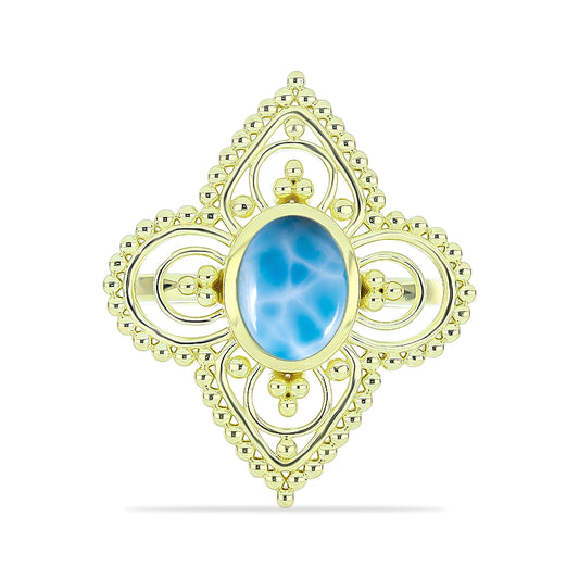 Anel de Prata com Banho de Ouro com Larimar  Contraste: Cabeca de Veado (800)