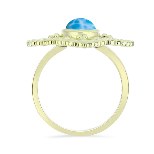 Anel de Prata com Banho de Ouro com Larimar  Contraste: Cabeca de Veado (800)