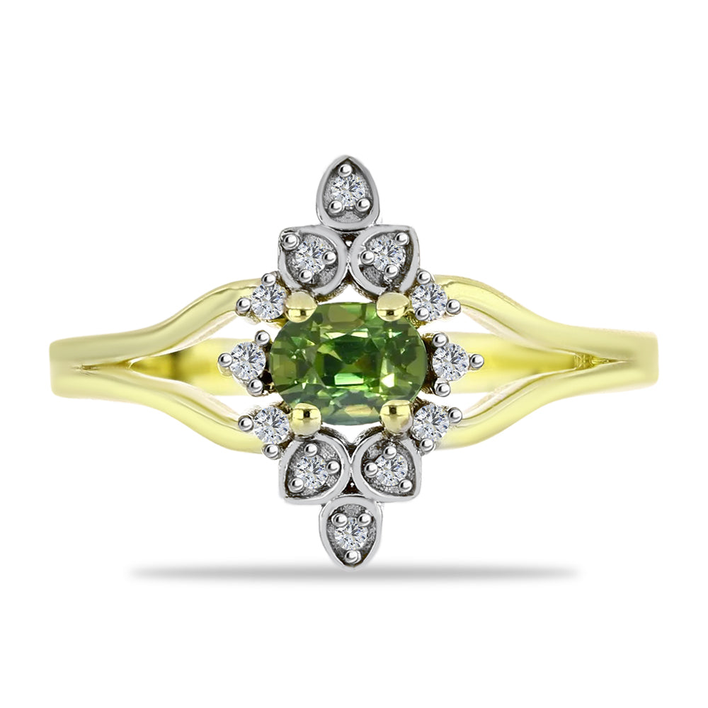 Anel de Prata com Banho de Ouro com Safira Verde e Topázio Branco  Contraste: Cabeca de Veado (800) 1 