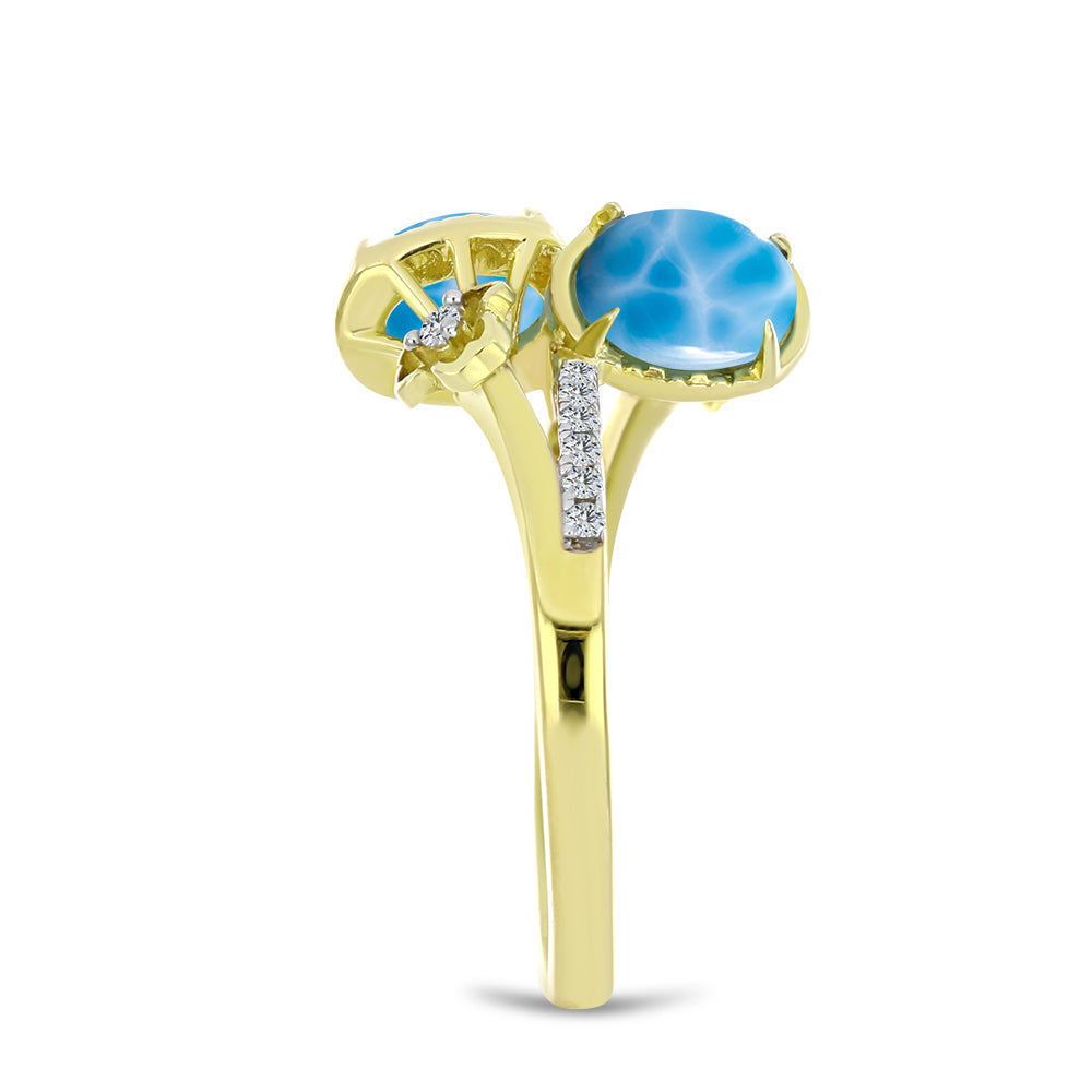 Anel de Prata com Banho de Ouro com Larimar e Topázio Branco  Contraste: Cabeca de Veado (800)