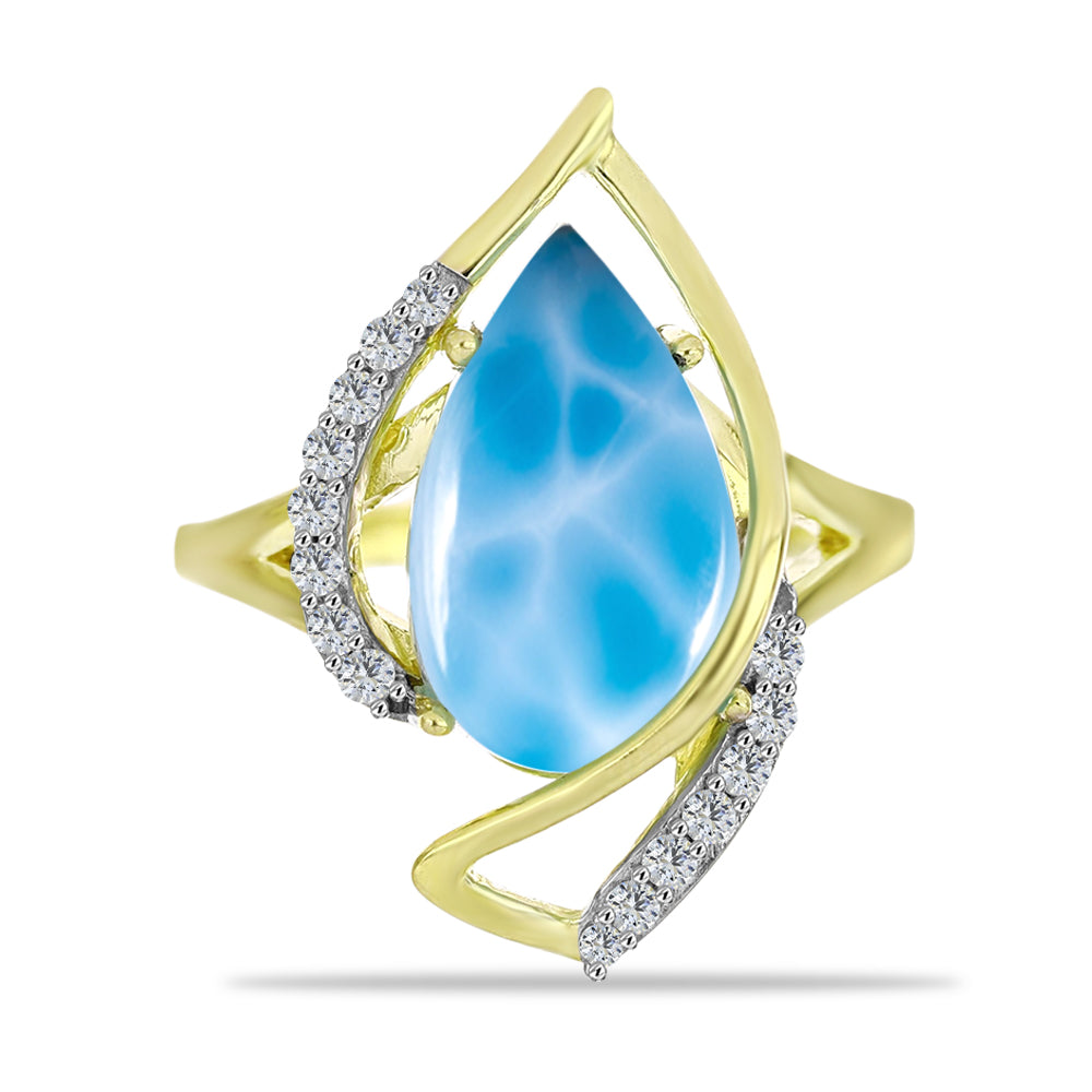 Anel de Prata com Banho de Ouro com Larimar e Topázio Branco  Contraste: Cabeca de Veado (800)