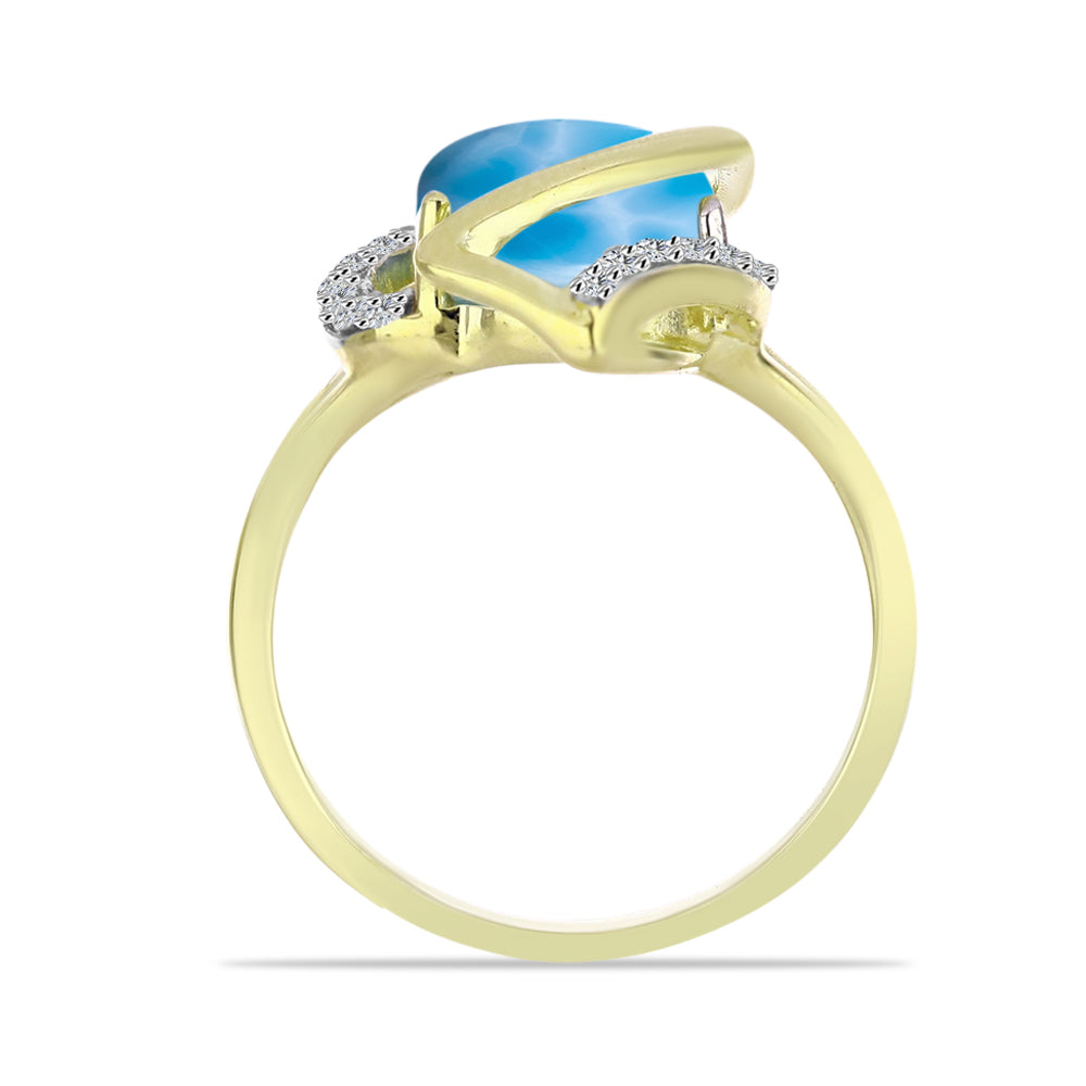 Anel de Prata com Banho de Ouro com Larimar e Topázio Branco  Contraste: Cabeca de Veado (800)