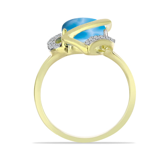 Anel de Prata com Banho de Ouro com Larimar e Topázio Branco  Contraste: Cabeca de Veado (800)