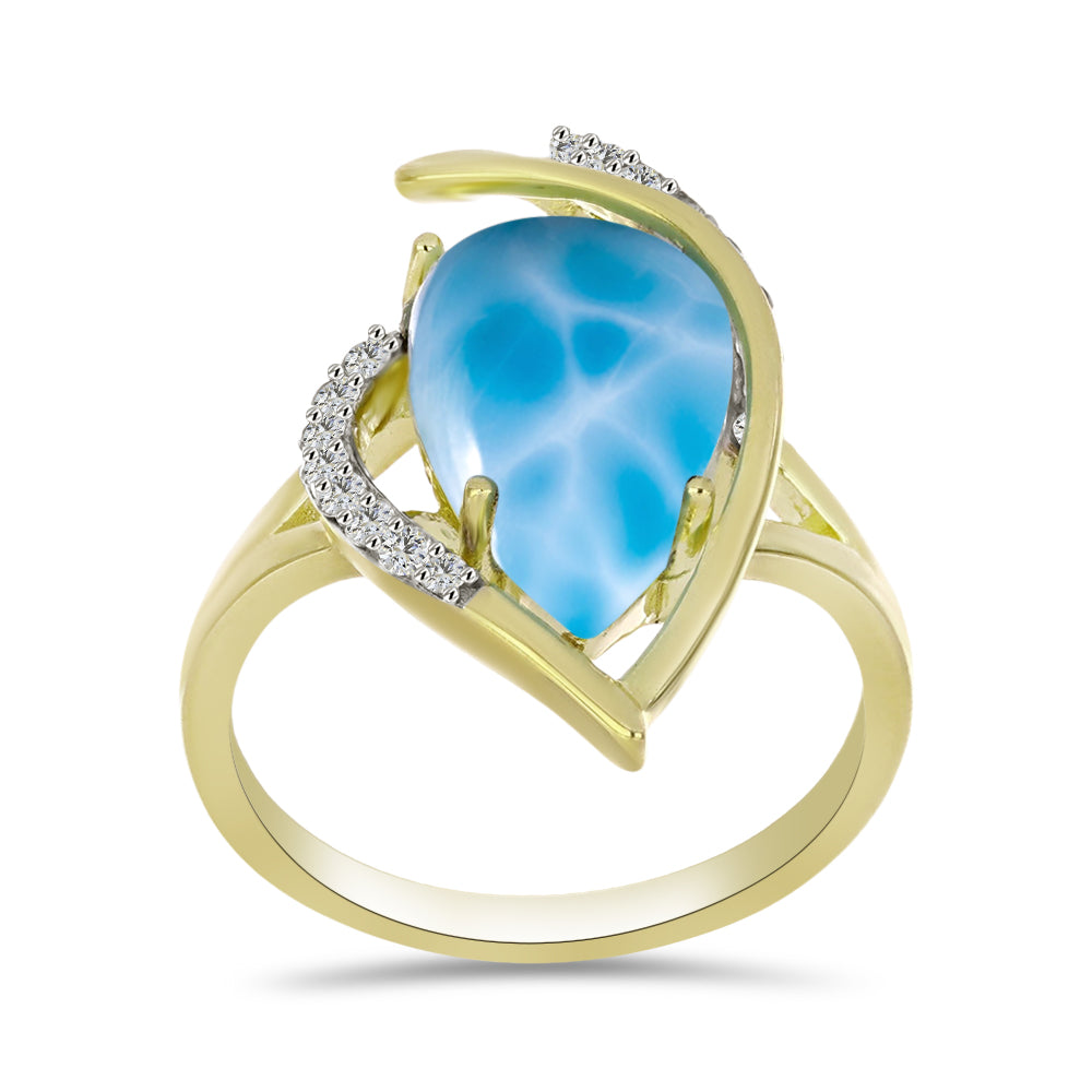 Anel de Prata com Banho de Ouro com Larimar e Topázio Branco  Contraste: Cabeca de Veado (800)