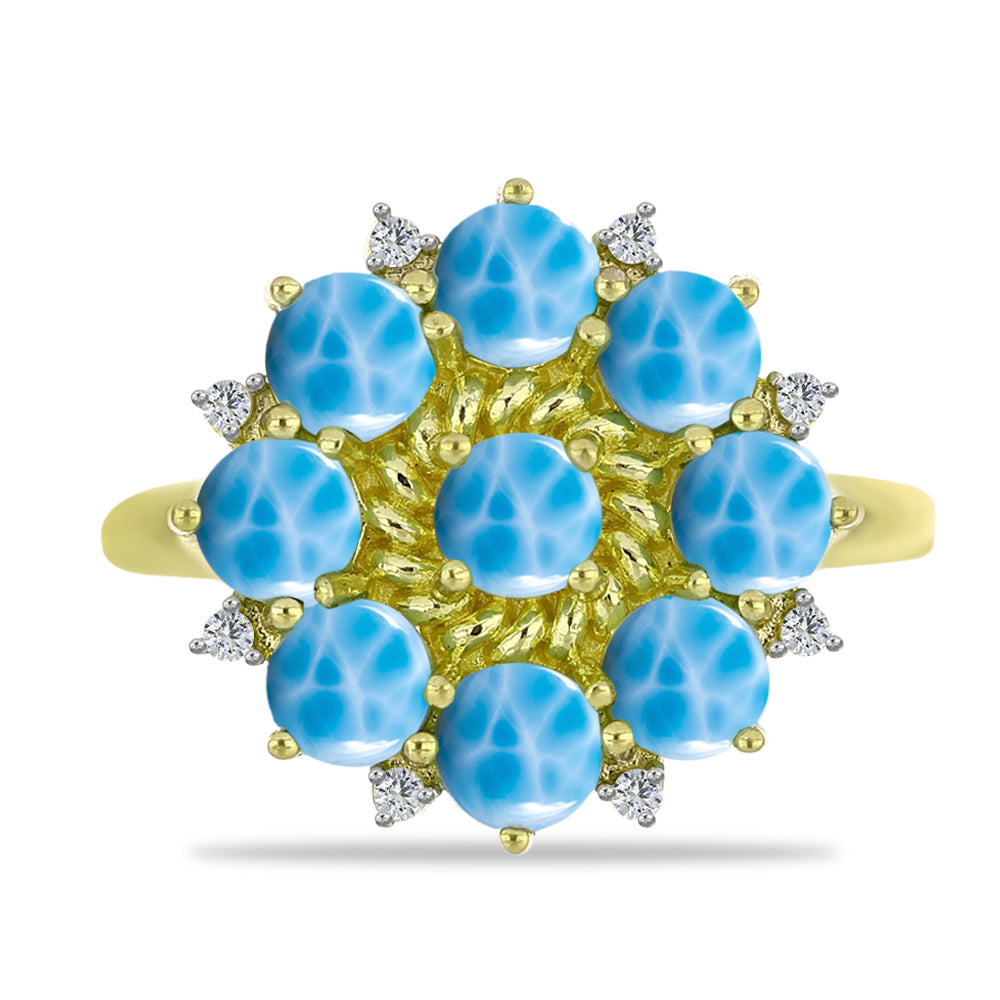 Anel de Prata com Banho de Ouro com Larimar e Topázio Branco  Contraste: Cabeca de Veado (800)