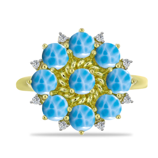 Anel de Prata com Banho de Ouro com Larimar e Topázio Branco  Contraste: Cabeca de Veado (800)