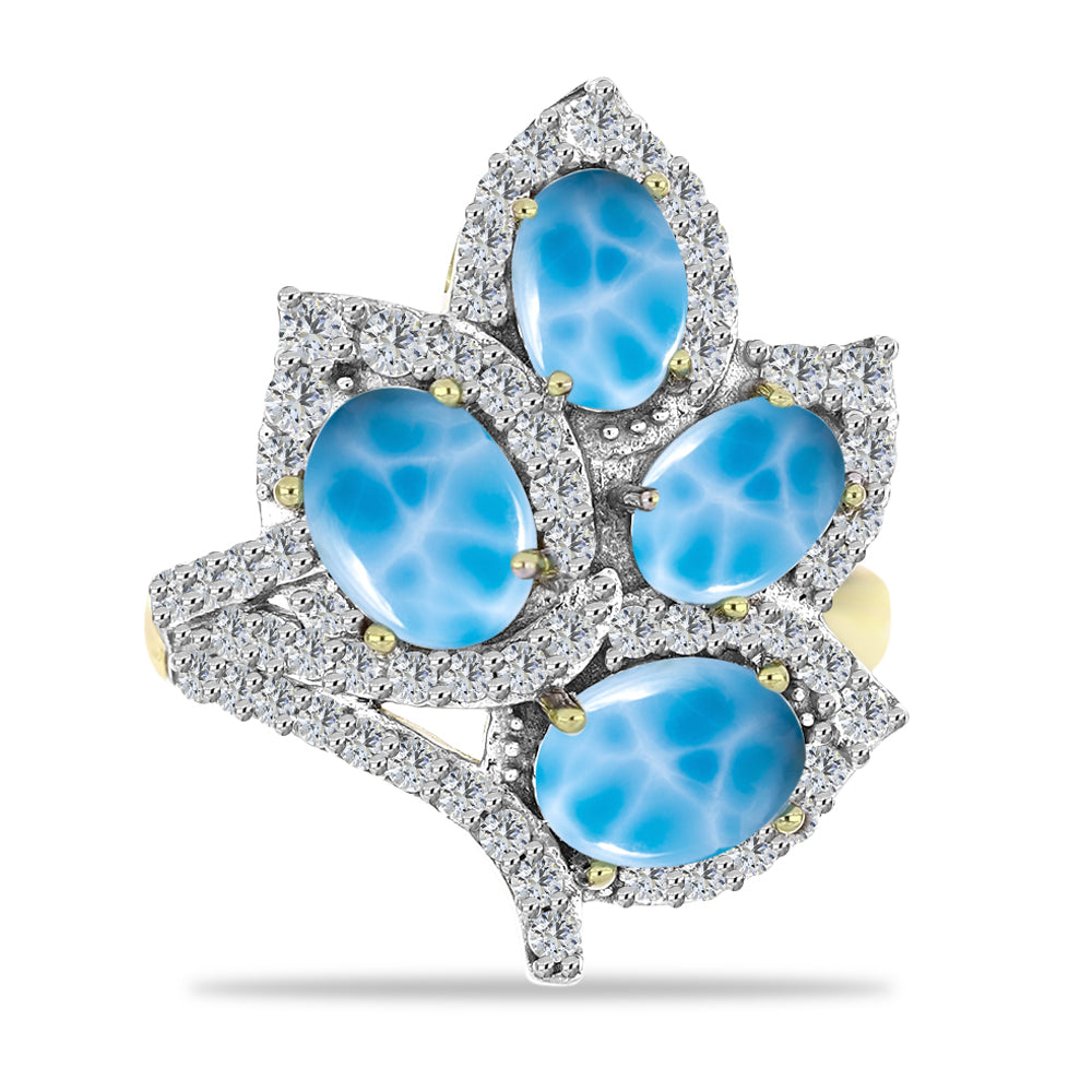 Anel de Prata com Banho de Ouro com Larimar e Topázio Branco  Contraste: Cabeca de Veado (800) 1 