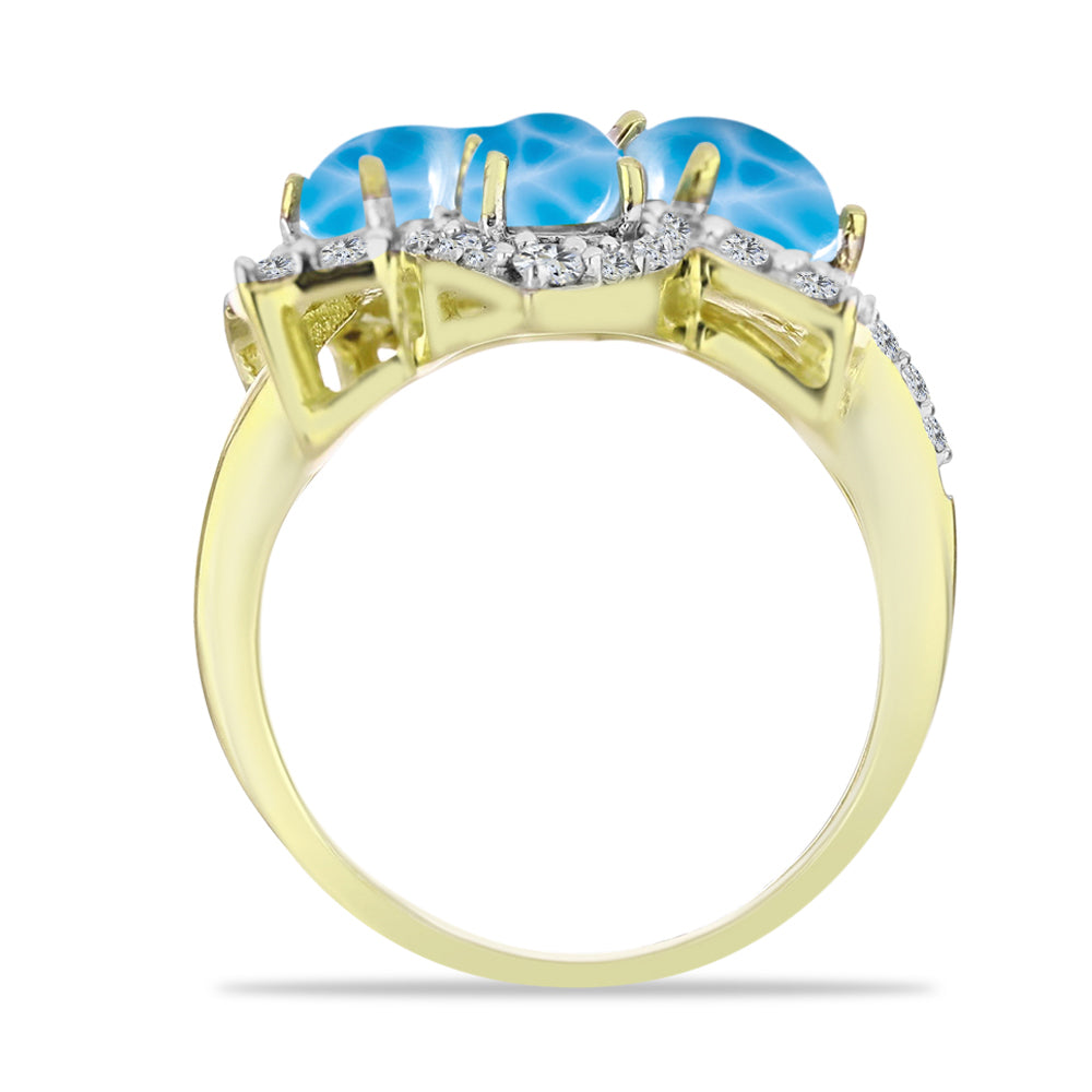 Anel de Prata com Banho de Ouro com Larimar e Topázio Branco  Contraste: Cabeca de Veado (800)