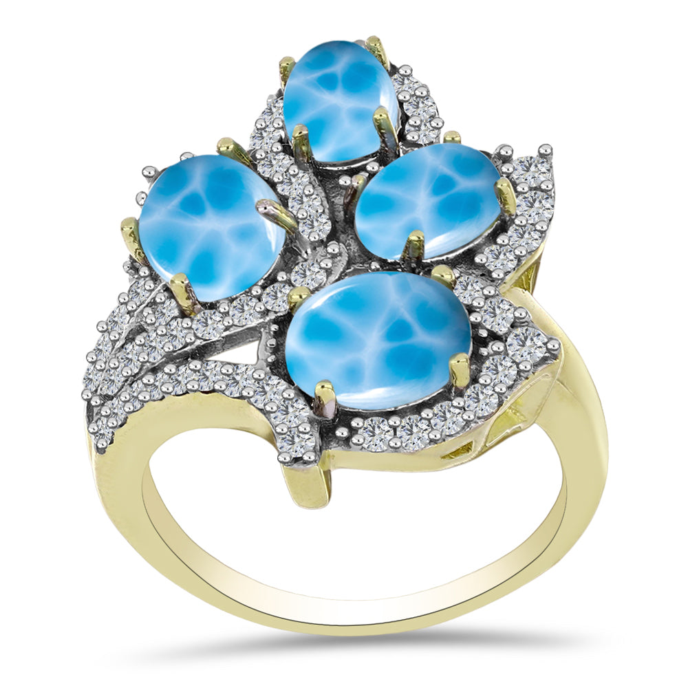 Anel de Prata com Banho de Ouro com Larimar e Topázio Branco  Contraste: Cabeca de Veado (800)