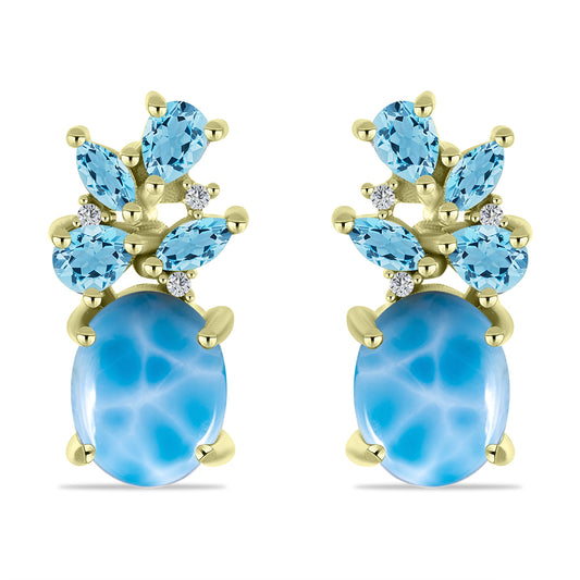 Brincos de Prata com Banho de Ouro com Larimar e Topázio Azul da Suiça