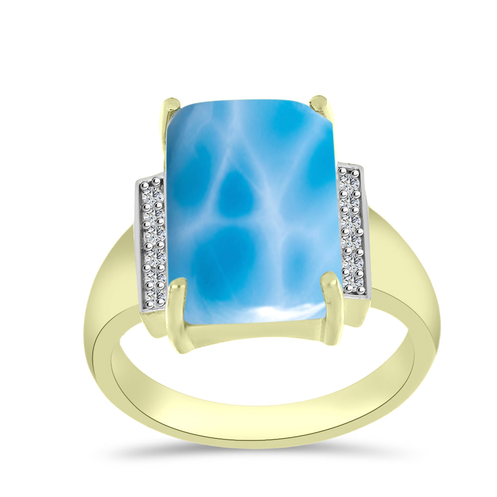 Anel de Prata com Banho de Ouro com Larimar e Topázio Branco  Contraste: Cabeca de Veado (800)