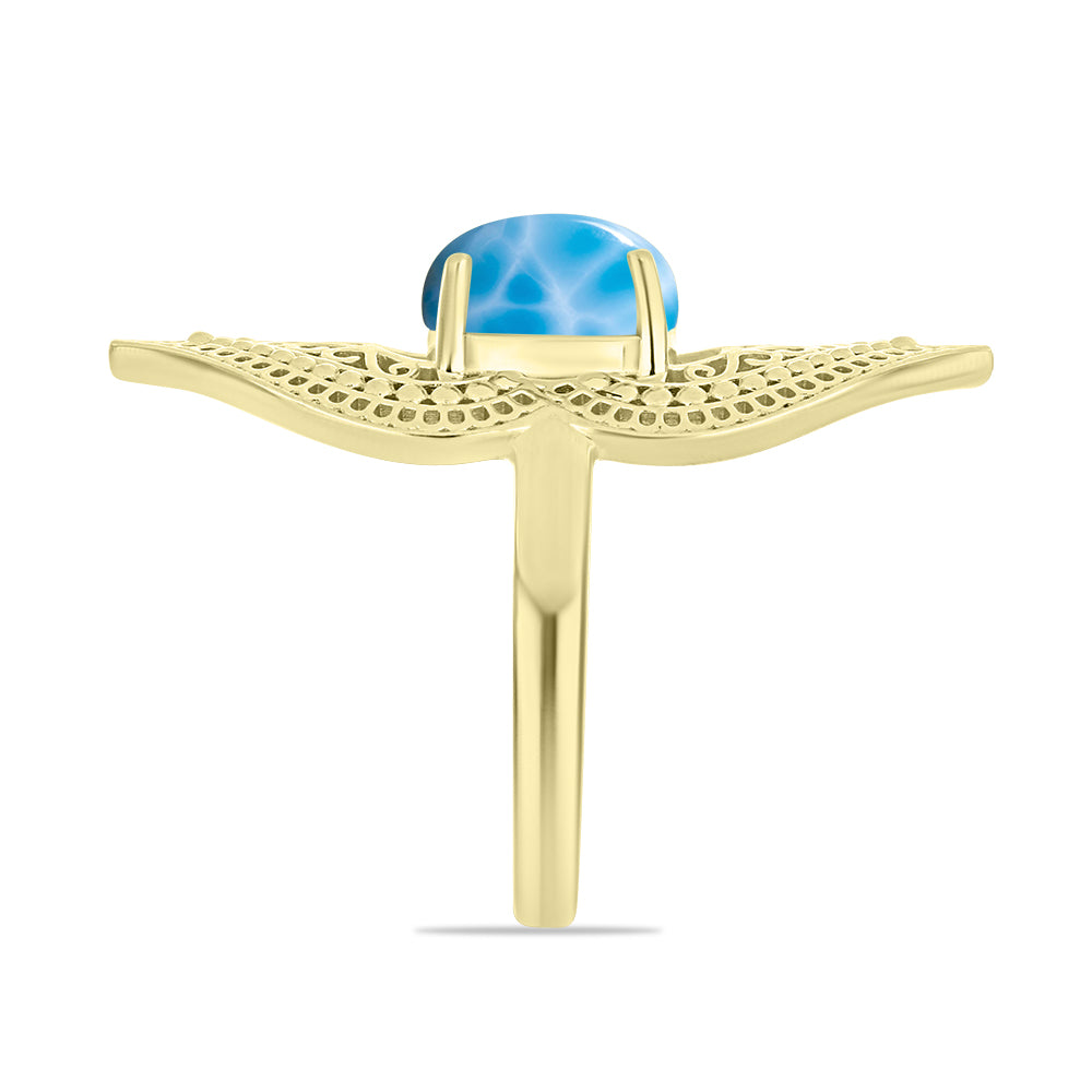 Anel de Prata com Banho de Ouro com Larimar  Contraste: Cabeca de Veado (800)