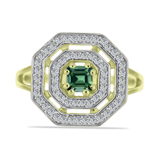 Anel de Prata com Banho de Ouro com Turmalina Verde e Topázio Branco