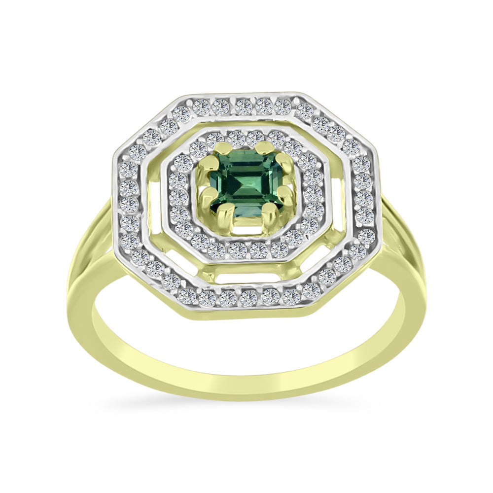 Anel de Prata com Banho de Ouro com Turmalina Verde e Topázio Branco 3 