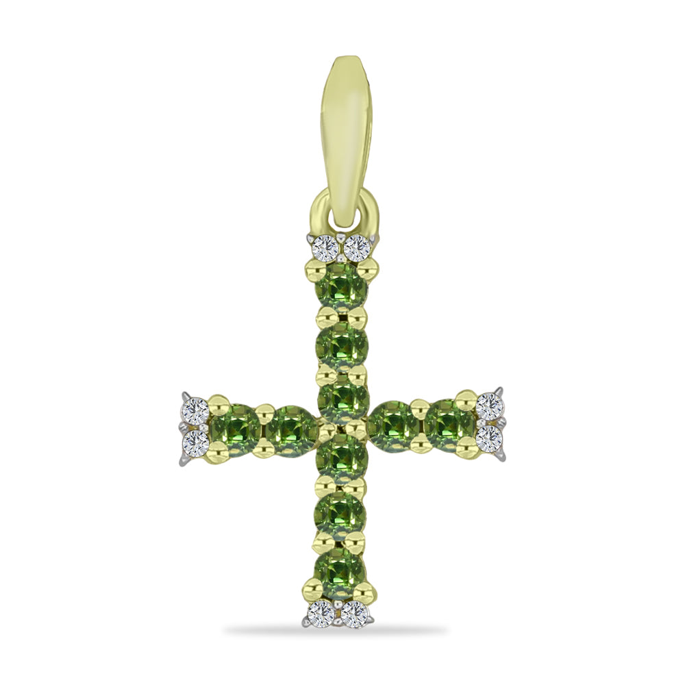Cruz Pendente de Prata com Banho de Ouro com Safira Verde e Topázio Branco