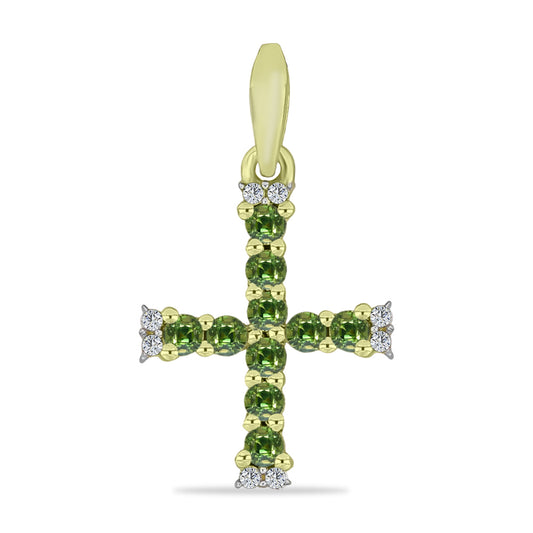 Cruz Pendente de Prata com Banho de Ouro com Safira Verde e Topázio Branco