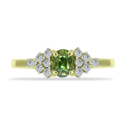 Anel de Prata com Banho de Ouro com Safira Verde e Topázio Branco