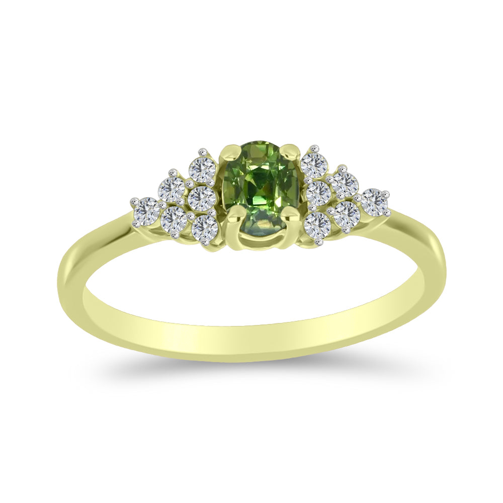 Anel de Prata com Banho de Ouro com Safira Verde e Topázio Branco