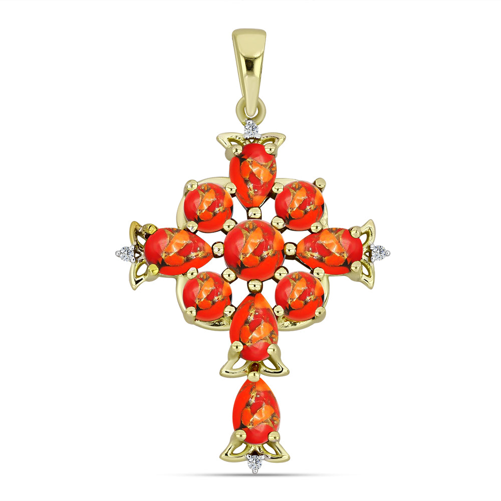 Cruz Pendente de Prata com Banho de Ouro com Turquesa de Mohave e Topázio Branco  Contraste: Cabeca de Veado (800) 1 
