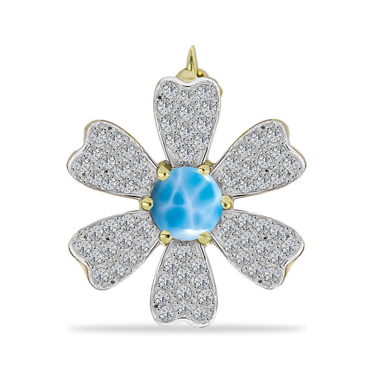 Alfinete de Prata com Banho de Ouro com Larimar e Topázio Branco  Contraste: Cabeca de Veado (800)