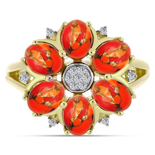 Anel de Prata com Banho de Ouro com Turquesa de Mohave e Topázio Branco  Contraste: Cabeca de Veado (800)