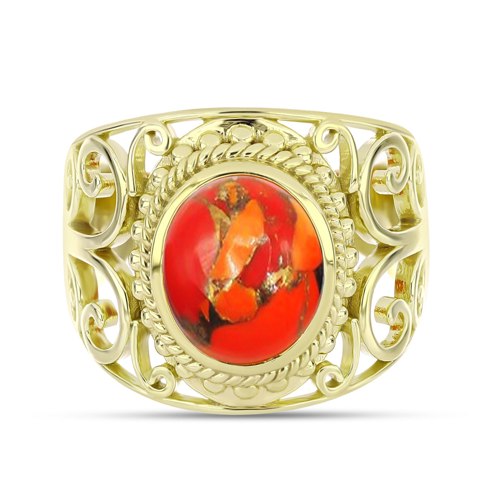 Anel de Prata com Banho de Ouro com Turquesa de Mohave  Contraste: Cabeca de Veado (800)