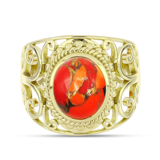 Anel de Prata com Banho de Ouro com Turquesa de Mohave  Contraste: Cabeca de Veado (800)