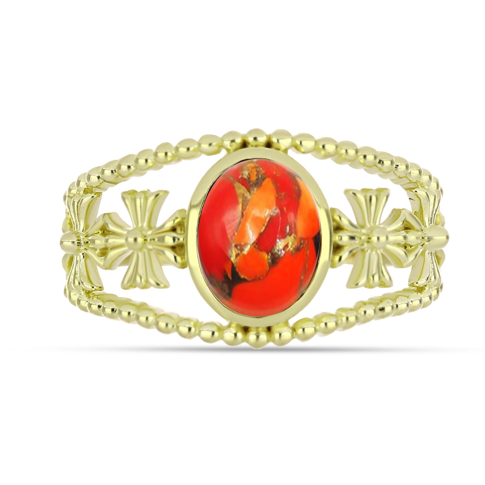 Anel de Prata com Banho de Ouro com Turquesa de Mohave  Contraste: Cabeca de Veado (800)