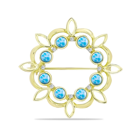 Alfinete de Prata com Banho de Ouro com Larimar e Topázio Azul da Suiça  Contraste: Cabeca de Veado (800)