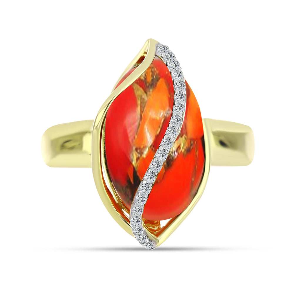 Anel de Prata com Banho de Ouro com Turquesa de Mohave e Topázio Branco  Contraste: Cabeca de Veado (800)