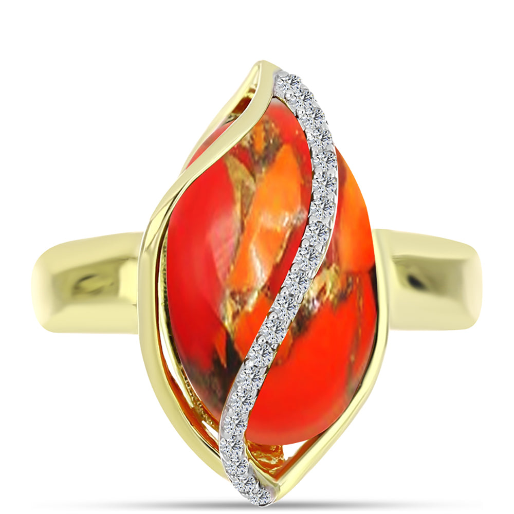 Anel de Prata com Banho de Ouro com Turquesa de Mohave e Topázio Branco  Contraste: Cabeca de Veado (800)
