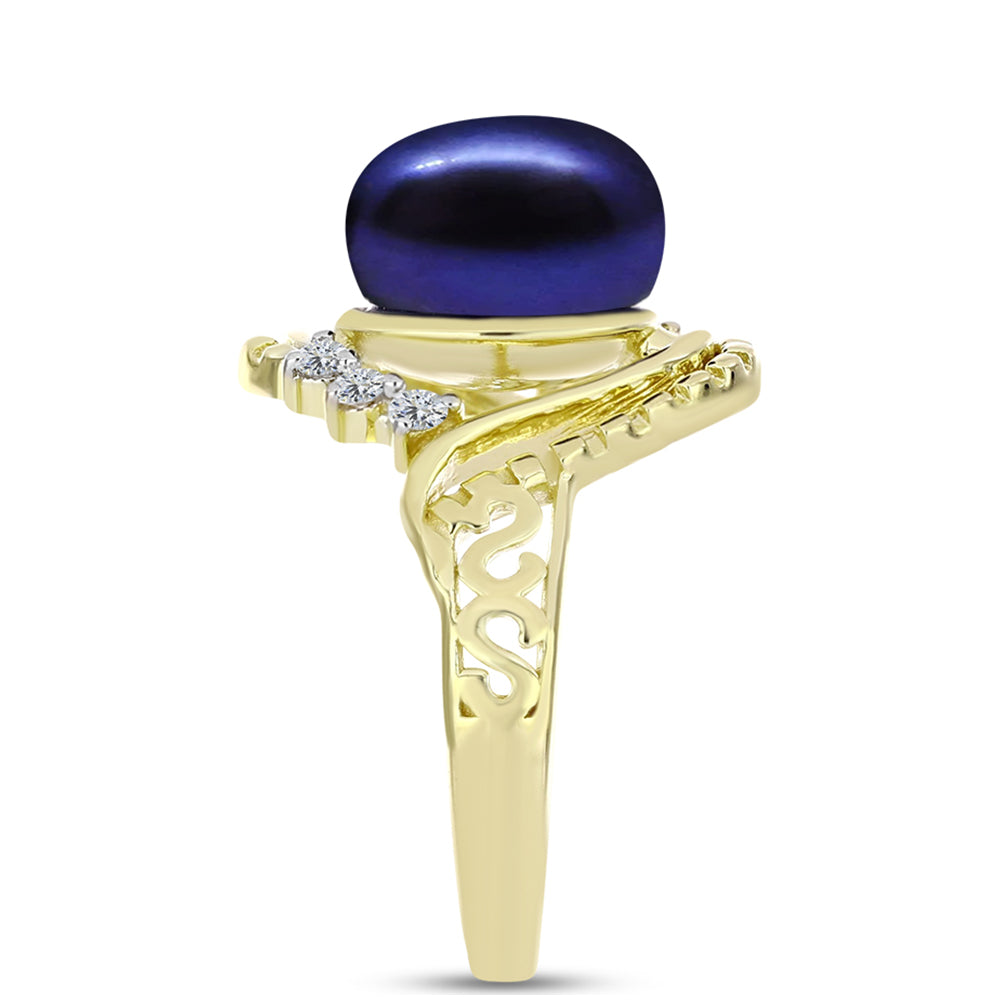 Anel de Prata com Banho de Ouro com Pérola Preta de Água Doce e Topázio Branco  Contraste: Cabeca de Veado (800) 4 