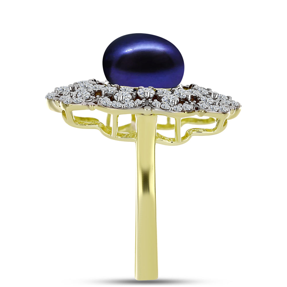 Anel de Prata com Banho de Ouro com Pérola Preta de Água Doce e Topázio Branco  Contraste: Cabeca de Veado (800) 4 