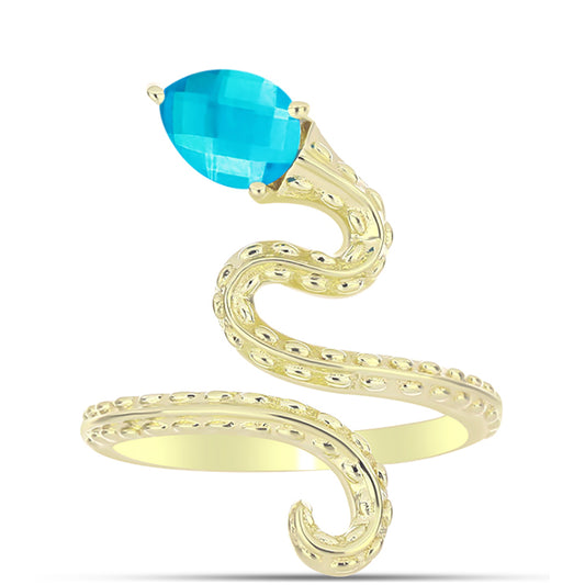 Anel de Prata com Banho de Ouro com Jade Azul  Contraste: Cabeca de Veado (800)