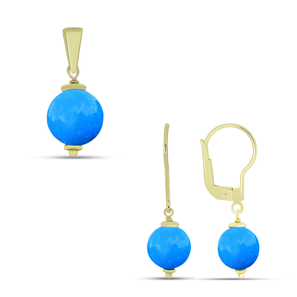 Conjunto de Prata com Banho de Ouro com Jade Azul ( Brincos+Pendente ) 1 