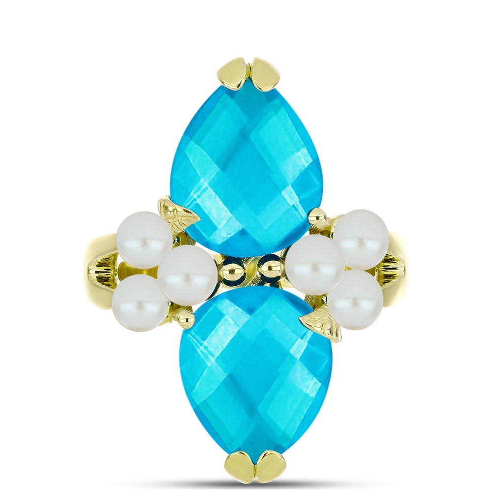 Anel de Prata com Banho de Ouro com Jade Azul e Pérola Branca de Água Doce  Contraste: Cabeca de Veado (800)