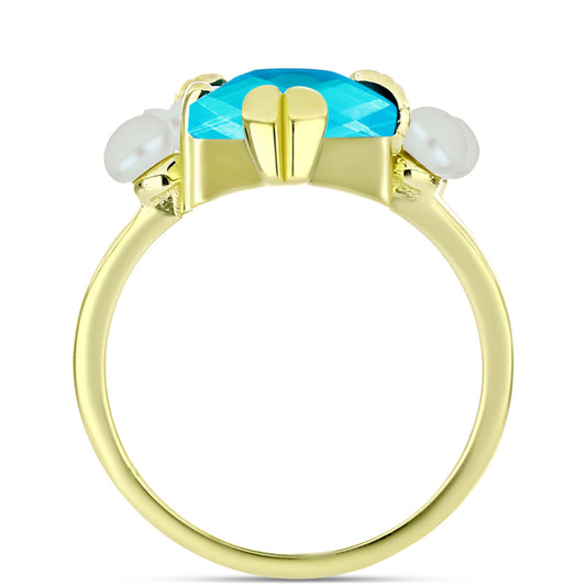 Anel de Prata com Banho de Ouro com Jade Azul e Pérola Branca de Água Doce  Contraste: Cabeca de Veado (800)
