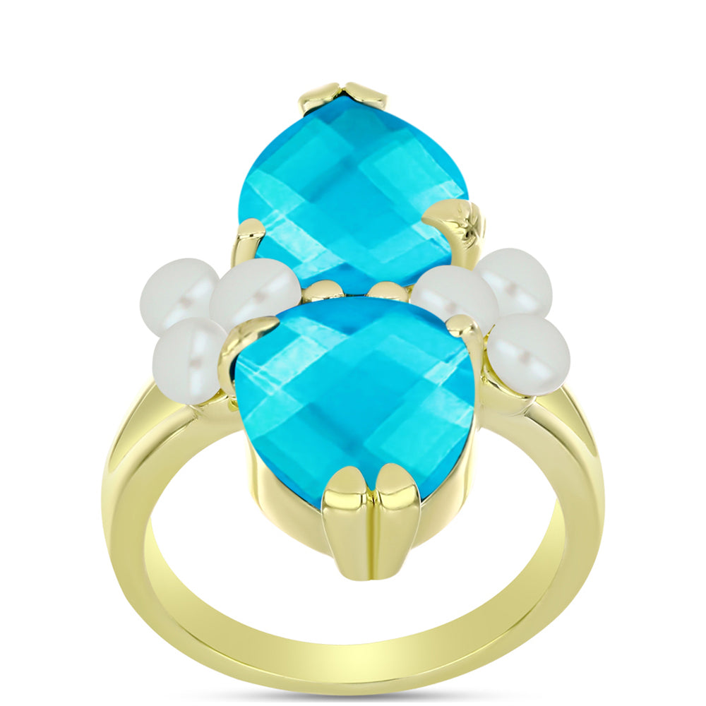 Anel de Prata com Banho de Ouro com Jade Azul e Pérola Branca de Água Doce  Contraste: Cabeca de Veado (800)