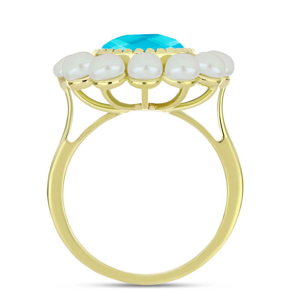 Anel de Prata com Banho de Ouro com Jade Azul e Pérola Branca de Água Doce  Contraste: Cabeca de Veado (800) 2 