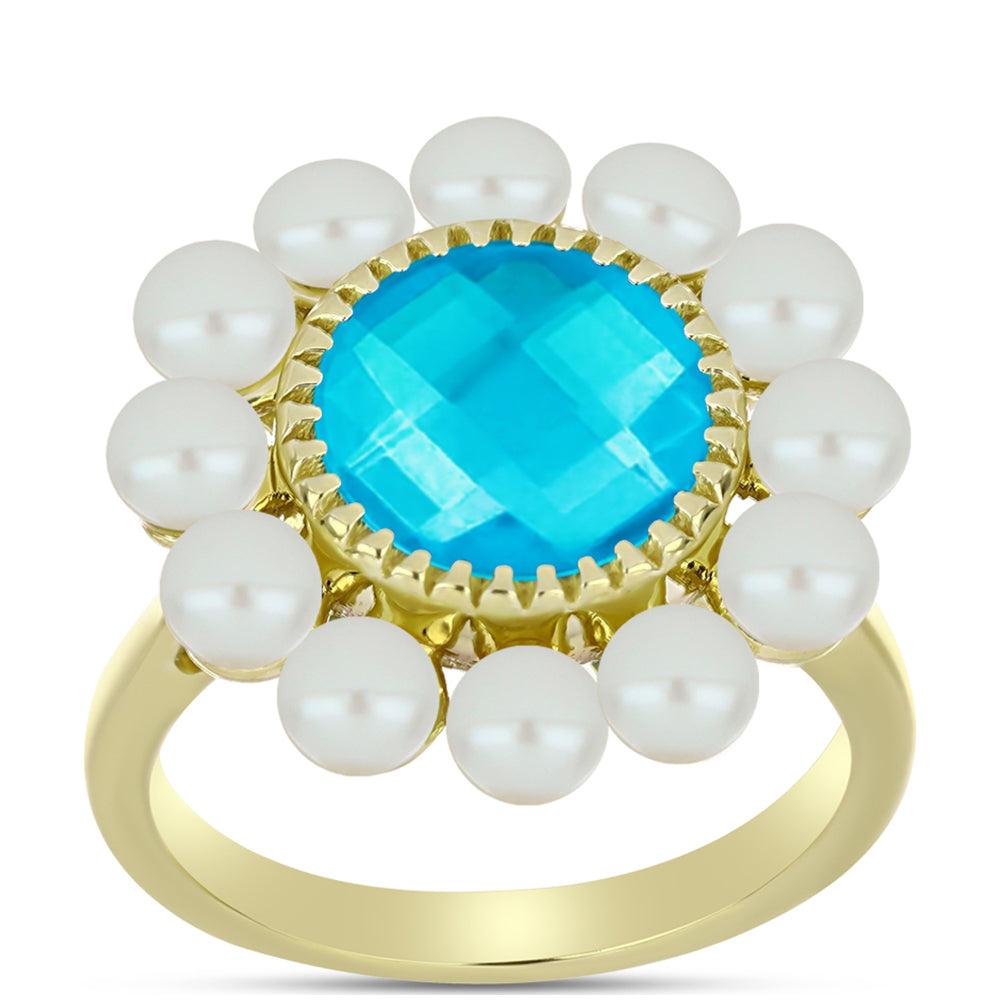 Anel de Prata com Banho de Ouro com Jade Azul e Pérola Branca de Água Doce  Contraste: Cabeca de Veado (800)