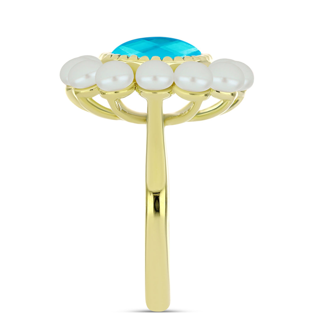 Anel de Prata com Banho de Ouro com Jade Azul e Pérola Branca de Água Doce  Contraste: Cabeca de Veado (800)