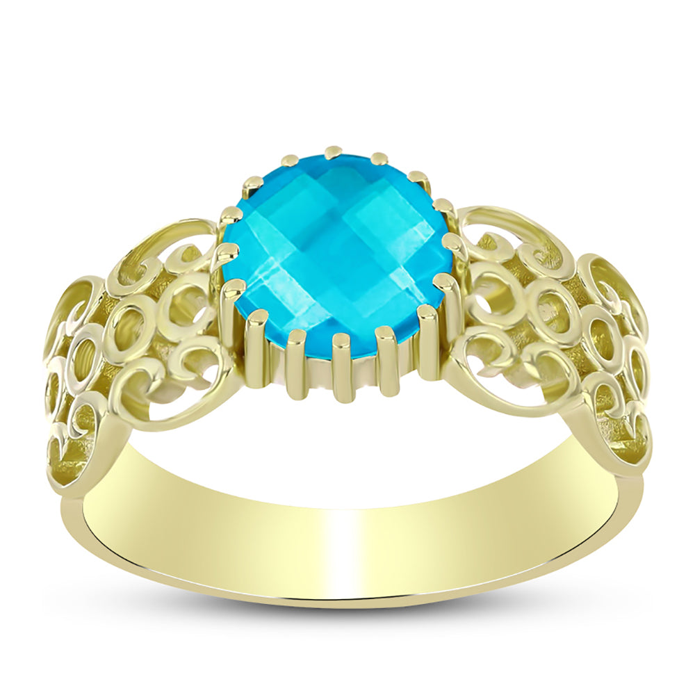 Anel de Prata com Banho de Ouro com Jade Azul  Contraste: Cabeca de Veado (800)