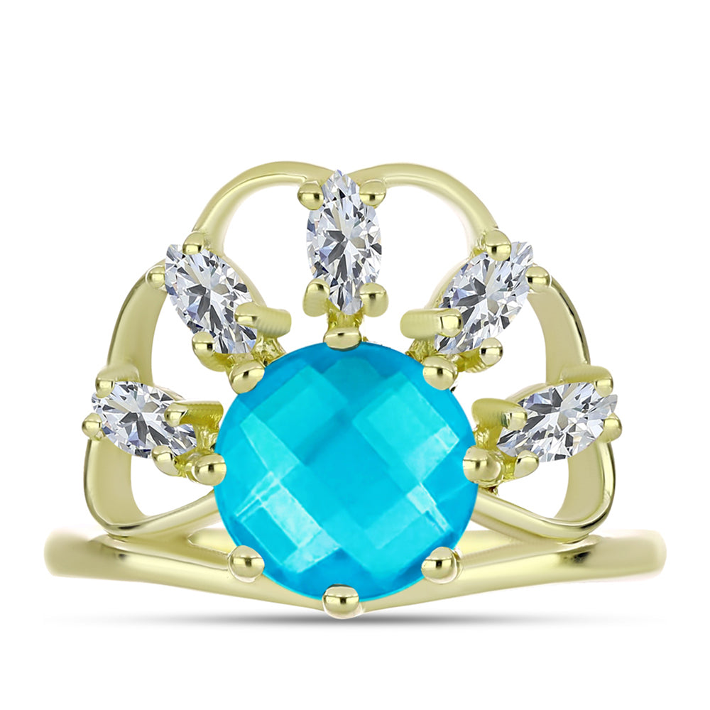 Anel de Prata com Banho de Ouro com Jade Azul e Topázio Branco  Contraste: Cabeca de Veado (800) 1 