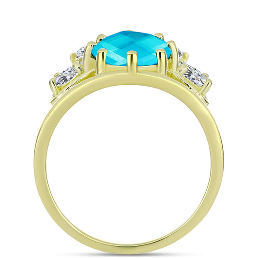 Anel de Prata com Banho de Ouro com Jade Azul e Topázio Branco  Contraste: Cabeca de Veado (800)
