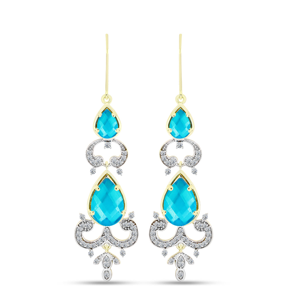 Brincos de Prata com Banho de Ouro com Jade Azul e Topázio Branco  Contraste: Cabeca de Veado (800) 1 