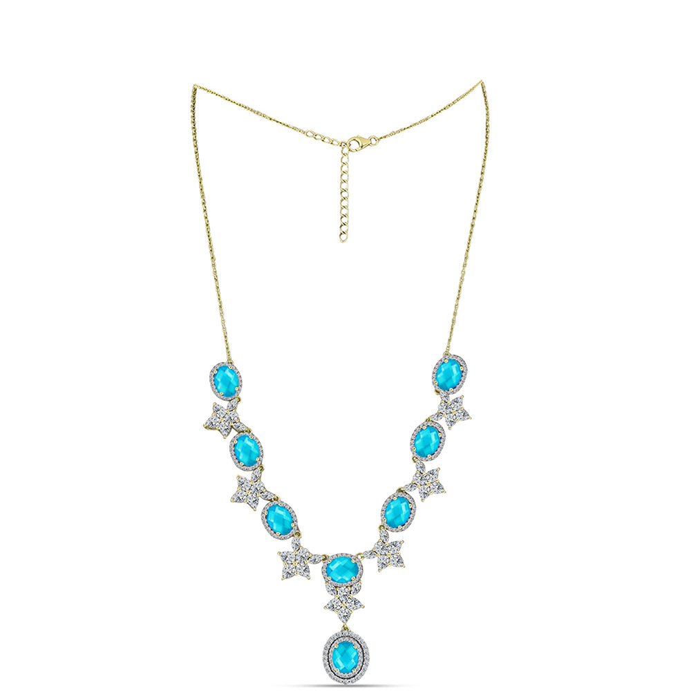 Colar de Prata com Banho de Ouro com Jade Azul e Topázio Branco  Contraste: Cabeca de Veado (800) 1 