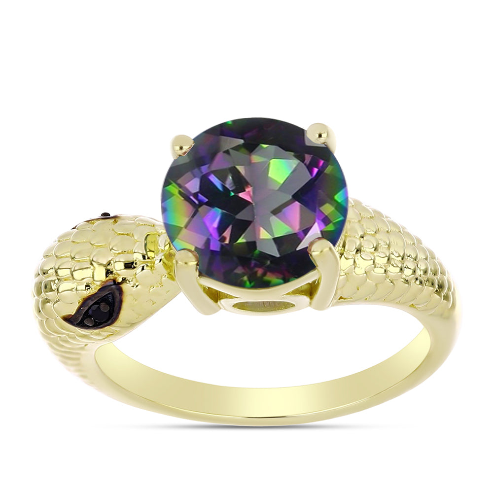 Anel de Prata com Banho de Ouro com Quartzo Hematita Verde Místico e Espinela Preta  Contraste: Cabeca de Veado (800)
