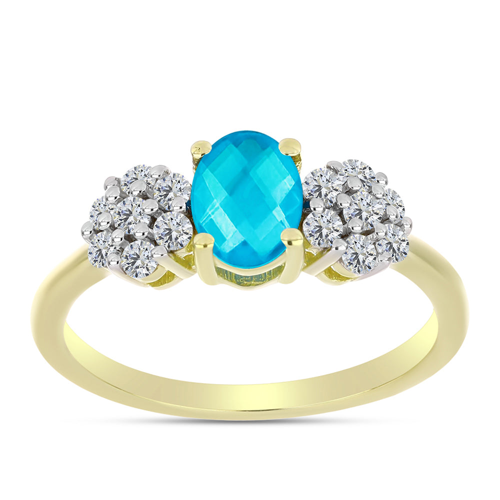 Anel de Prata com Banho de Ouro com Jade Azul e Topázio Branco