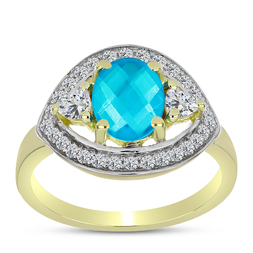Anel de Prata com Banho de Ouro com Jade Azul e Topázio Branco 3 