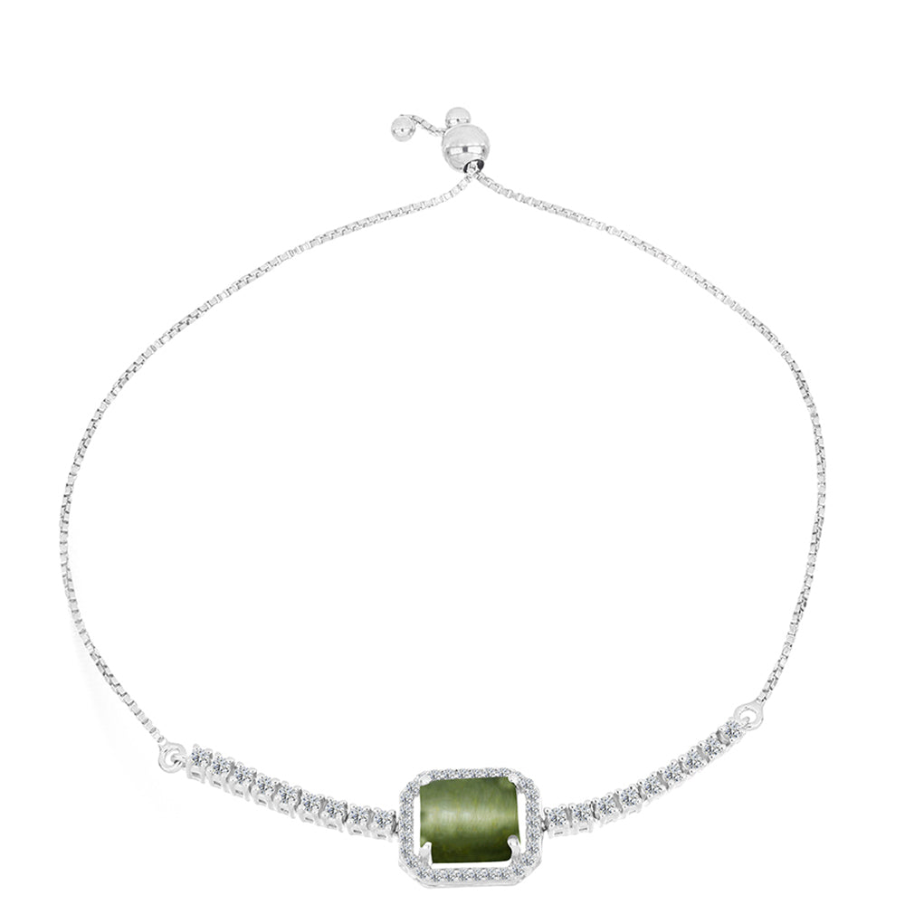 Pulseira de Prata com Olho de Gato Verde de Antananarivo e Topázio Branco  Contraste: Cabeca de Veado (800)